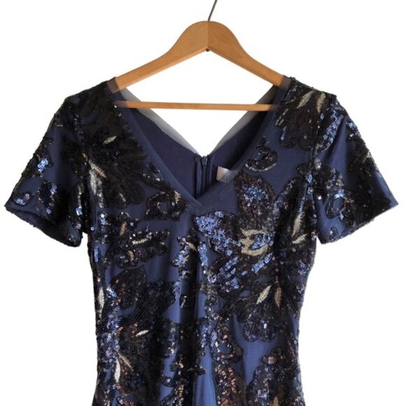 Badgley Mischka Sequin Dress Size 2 Blue Floral - Picture 3 of 15